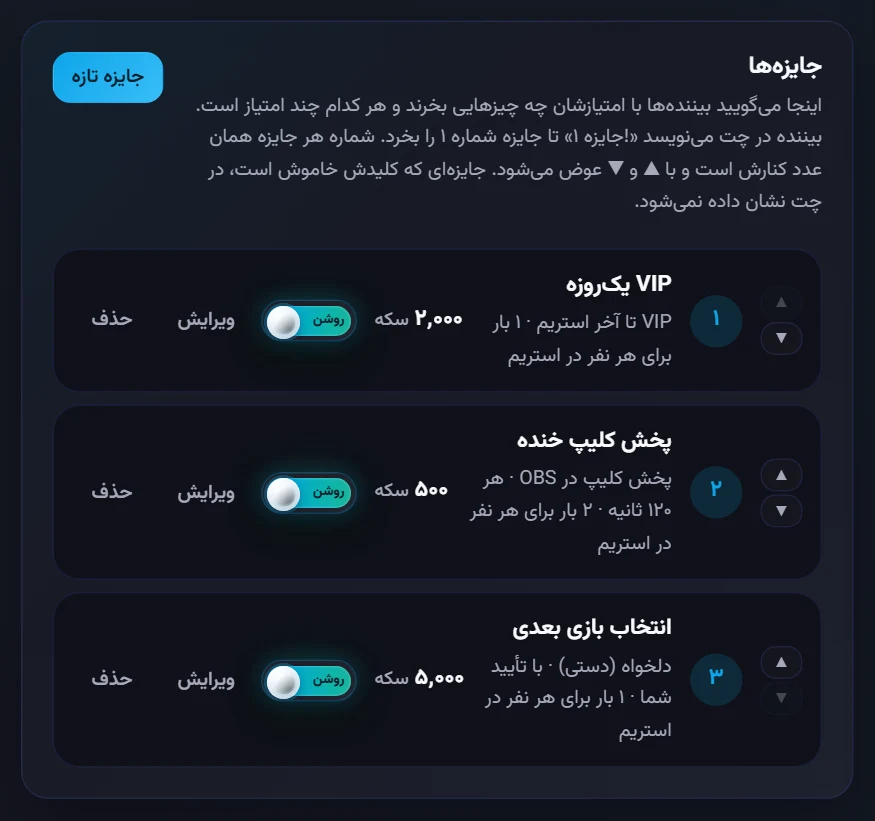 جایزهها: فهرست جایزهها با قیمت